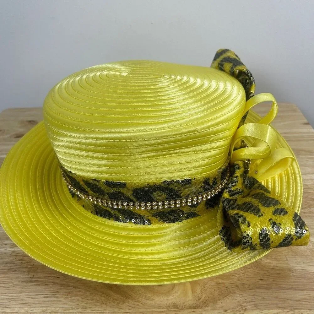 Especially Yours EY Signature Church Hat Yellow Satin Leopard Print Rhinestone